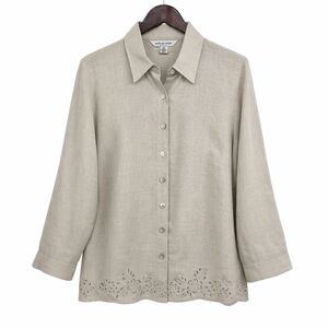 August Max Woman 16 Petite Linen Button Shirt Beige Floral Eyelet Minimalist